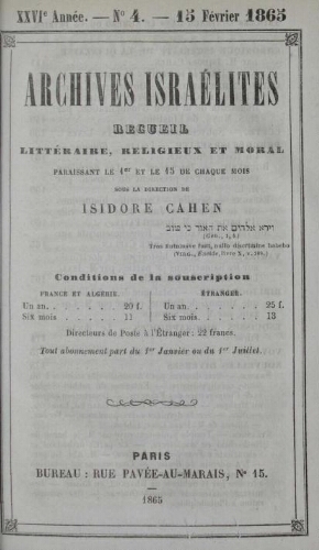 Archives israélites de France. Vol.26 N°04 (15 févr. 1865)